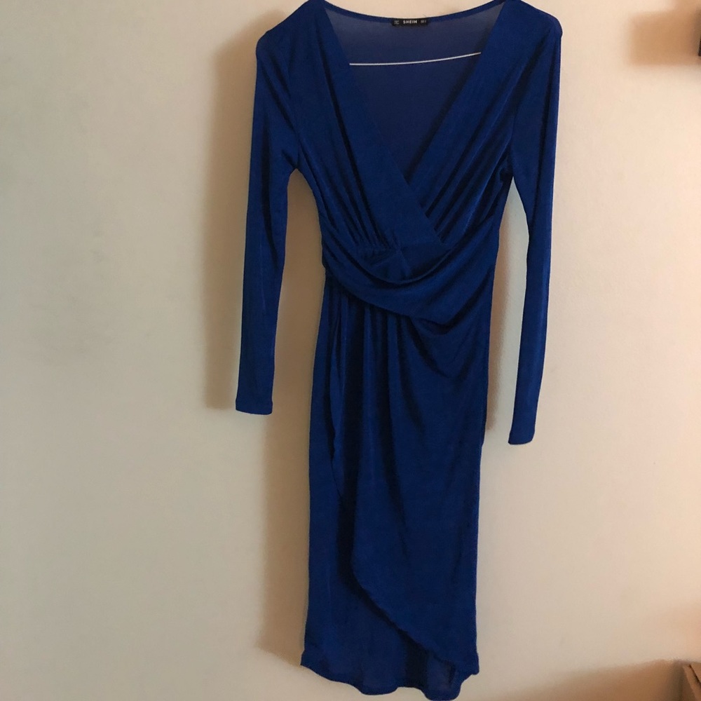 Plunging Neck Wrap Split Front Blue Dress